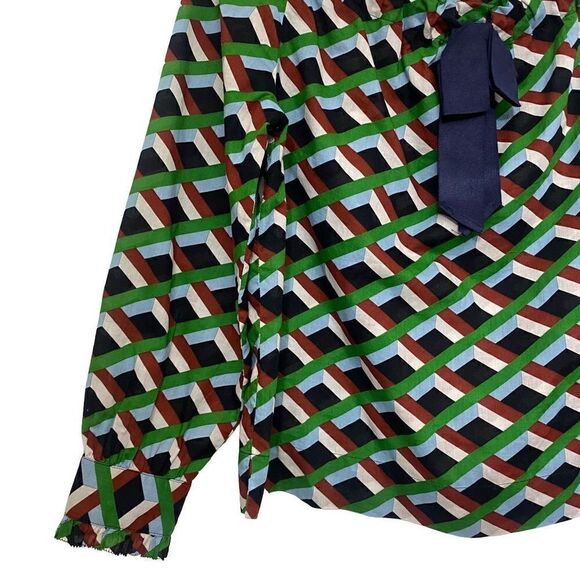 J.Crew  Off The Shoulder In Ratti Graphic Diamond Blouse Green Brown Size S - Picture 10 of 12